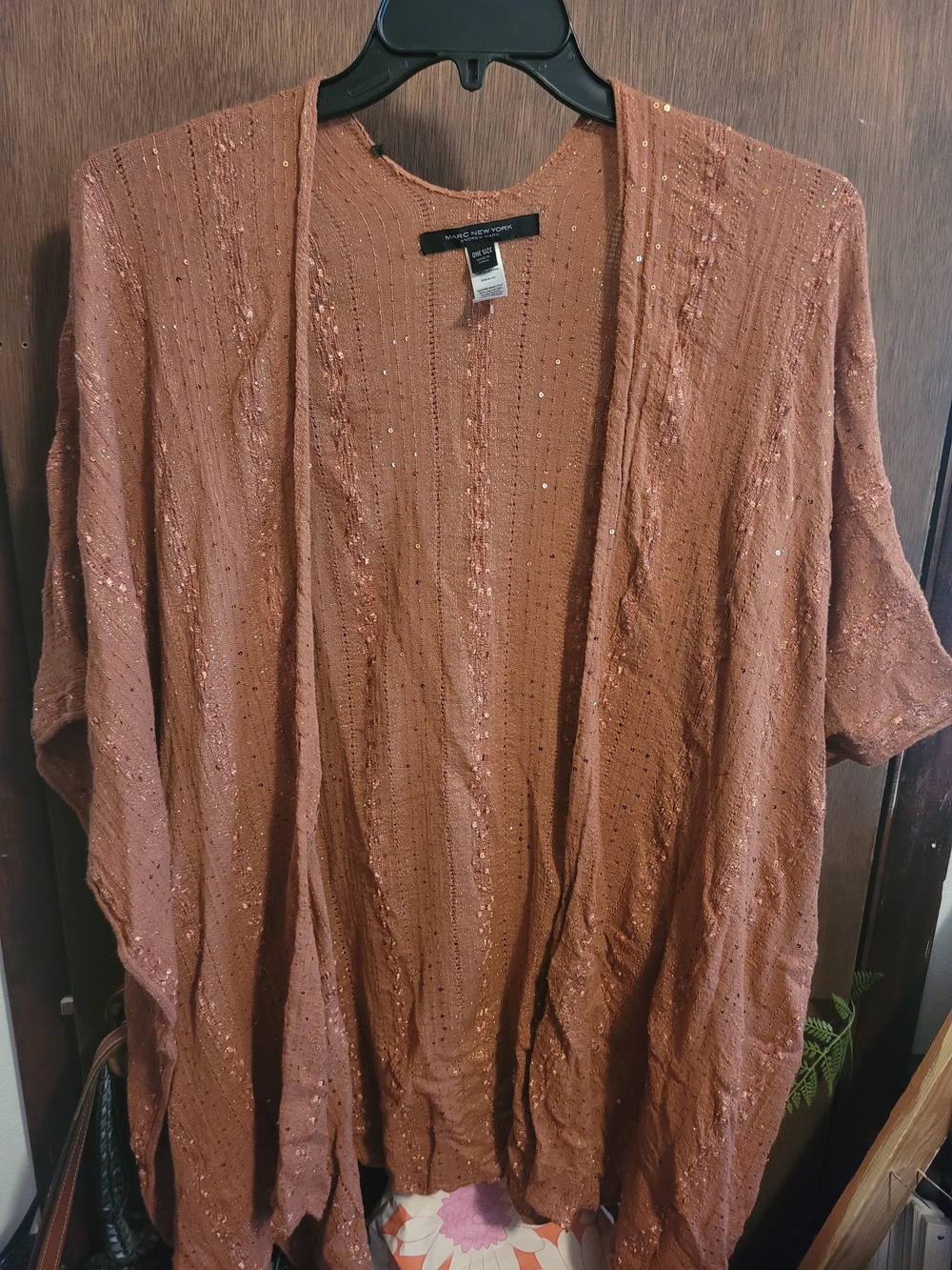 NY Collection Women's Open-Front Sequin Knit Shrug - Rust